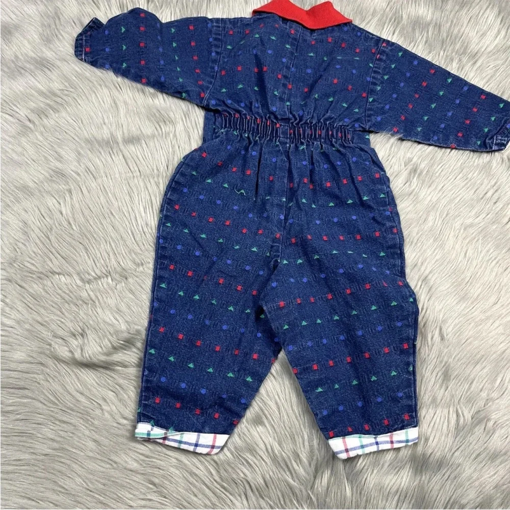 Vintage Baby Boys Oshkosh Bgosh Denim Blue Red Green Jumpsuit